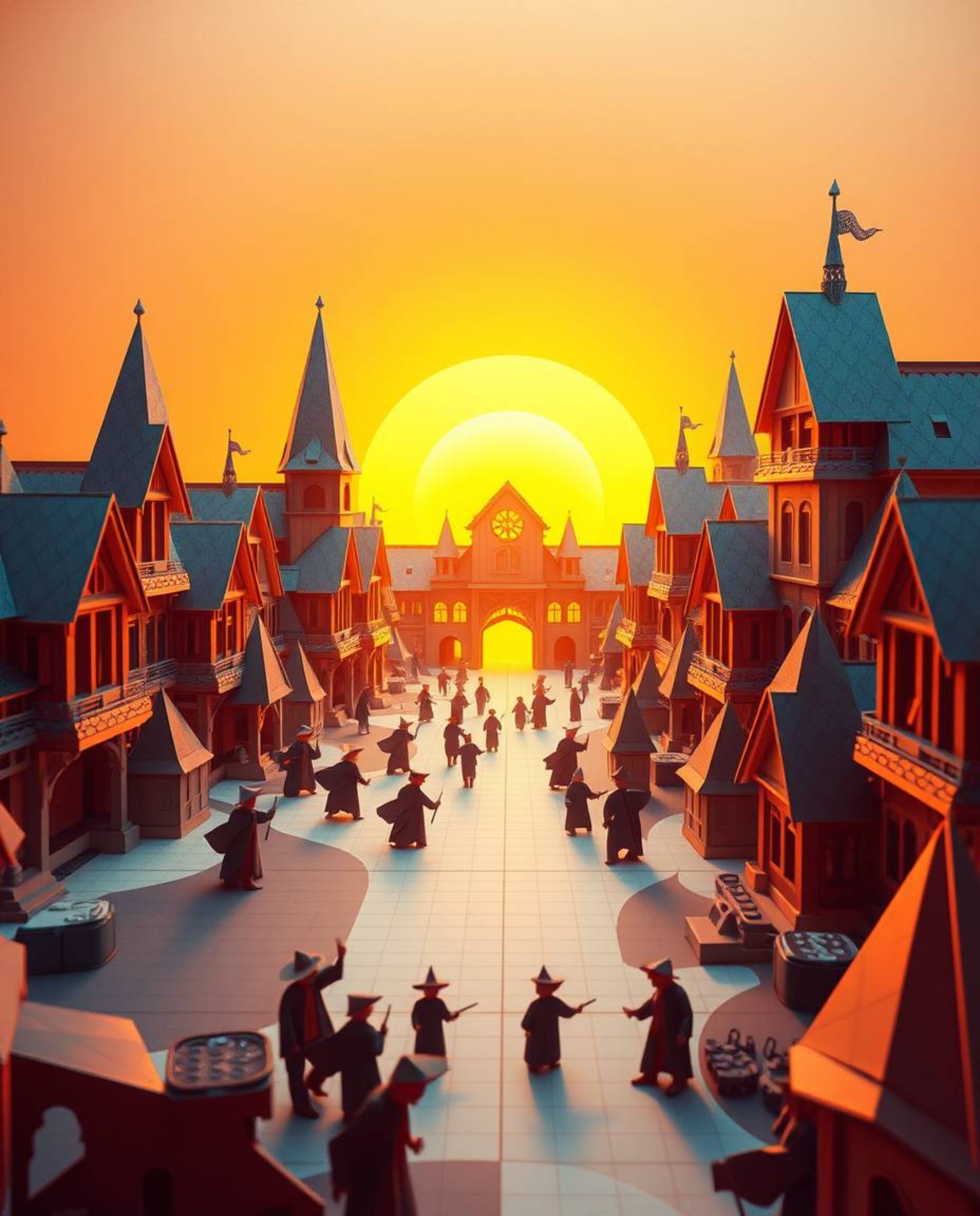 Discover a breathtakingly intricate origami wizard school, bathed in the warm glow of golden hour light.  Experience smooth t