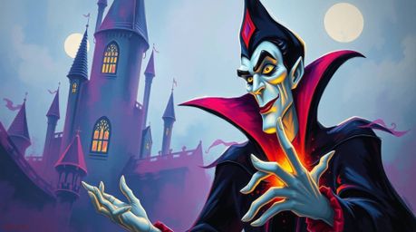 A soft and dreamy atmosphere pervades this bold acrylic painting, depicting a classic Disney villain with sharp features and