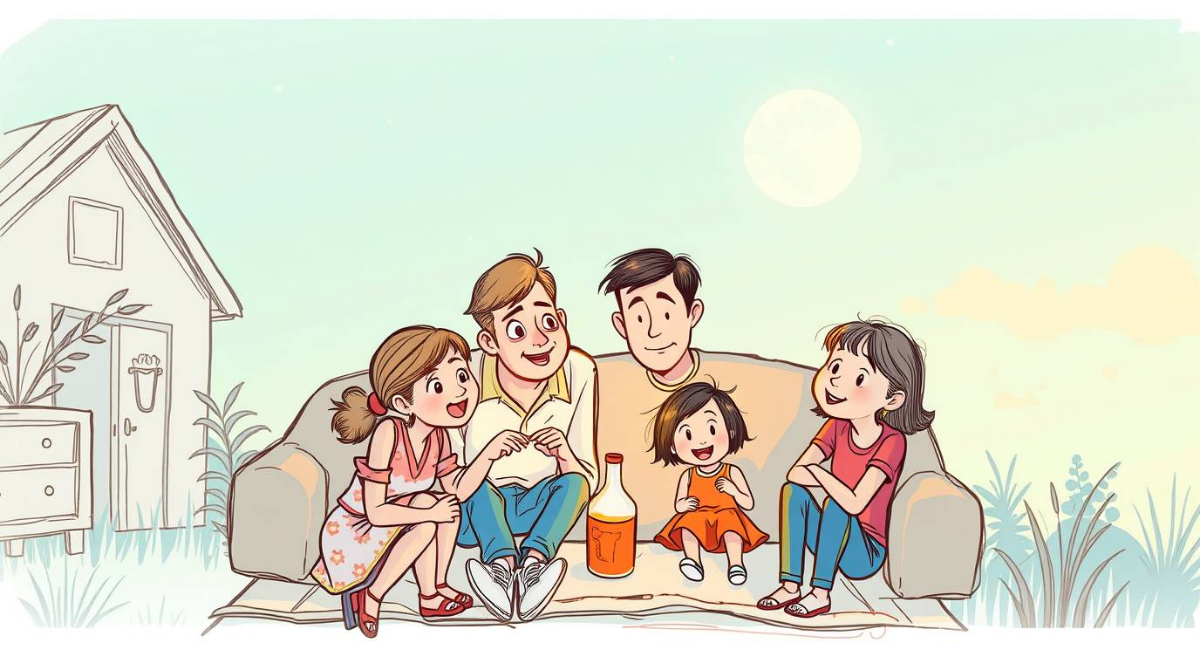 Experience a heartwarming Pixar-style family reunion depicted in a unique hand-drawn sketch. Rendered with surreal infrared t
