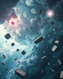 Experience a breathtaking surreal storm with flying objects and broken gravity, illuminated by a bright lens flare and striki