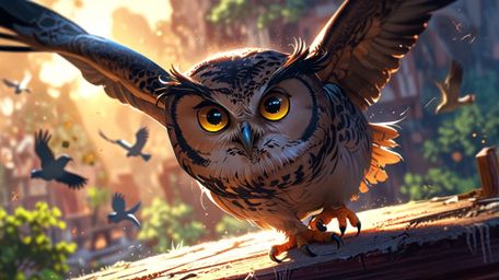 In a visually stunning and surreal scene, blending the imaginative styles of Pixar and anime, a wise blind owl guides its stu