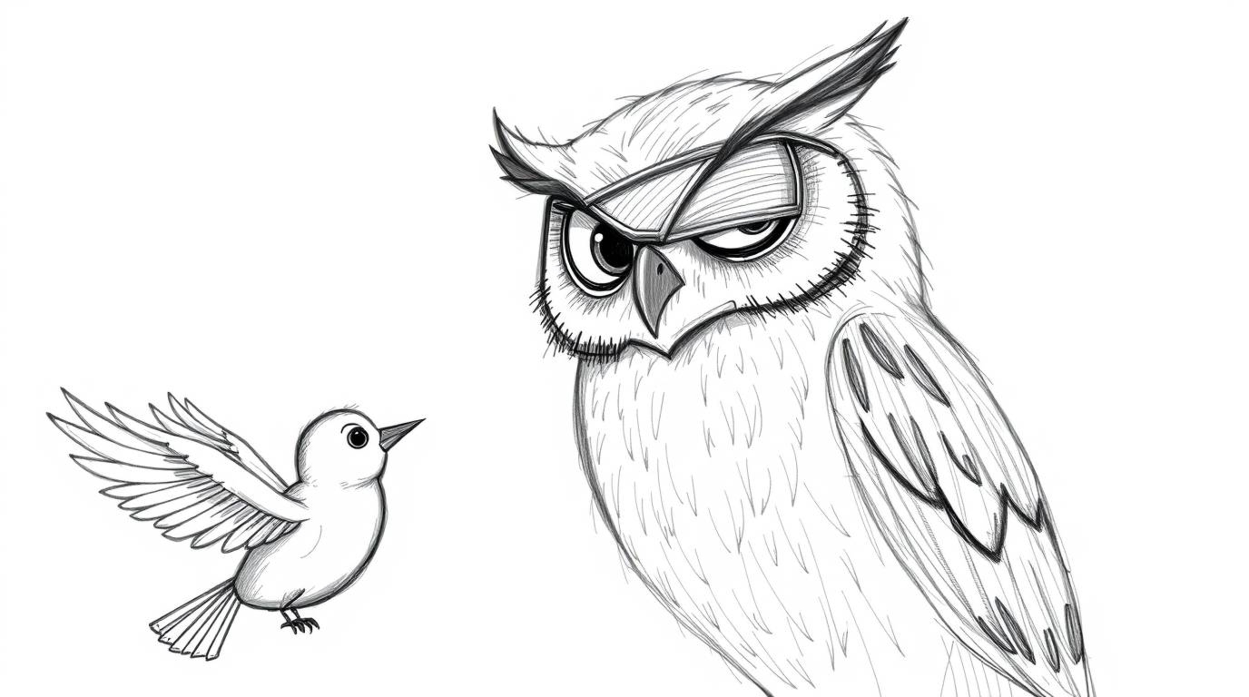 This charming hand-drawn sketch in a Pixar style depicts a blind owl patiently teaching birds how to fly. The owl, with expre