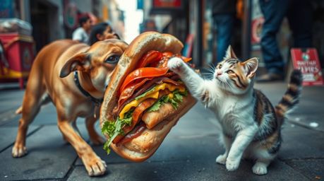This candid street photograph captures a spontaneous and intense moment as a dog and a cat fiercely battle over a massive san
