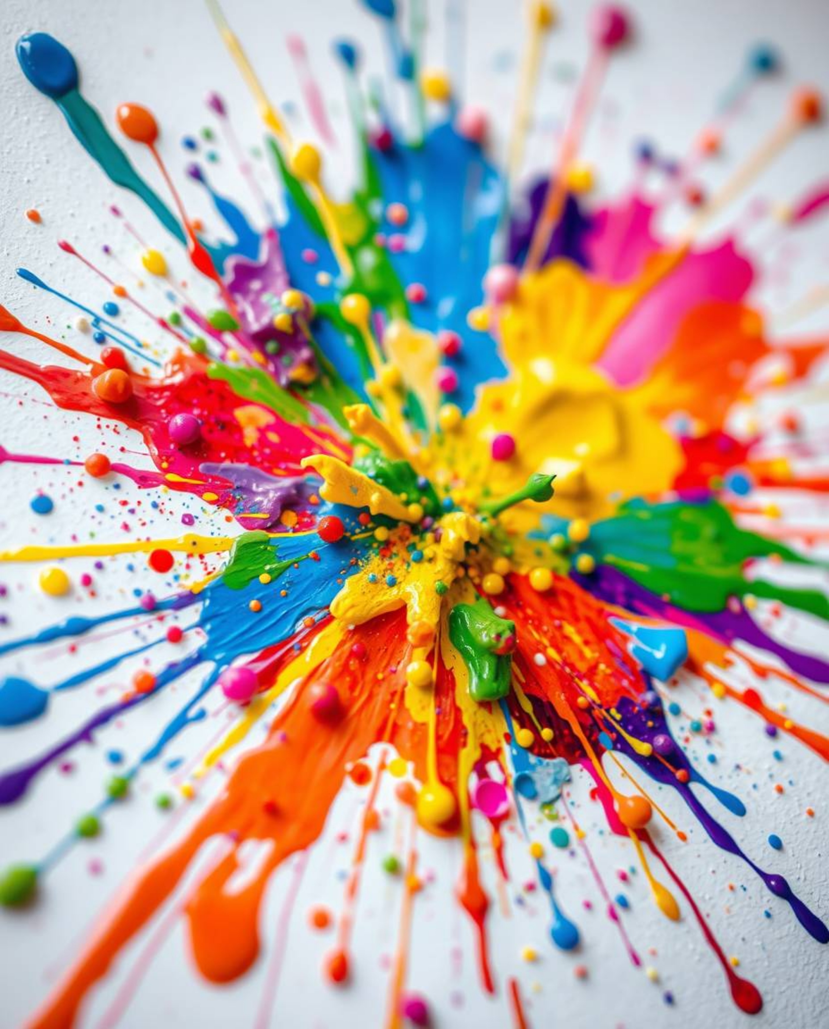 Witness a vibrant explosion of colorful paint splashes across a pristine white canvas, rendered in exquisite high detail and 