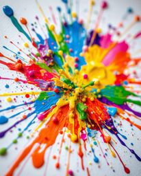 Witness a vibrant explosion of colorful paint splashes across a pristine white canvas, rendered in exquisite high detail and 