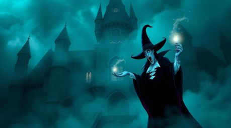 A captivating image of a classic Disney villain casting a spell within a mysterious old castle shrouded in thick fog. The sce