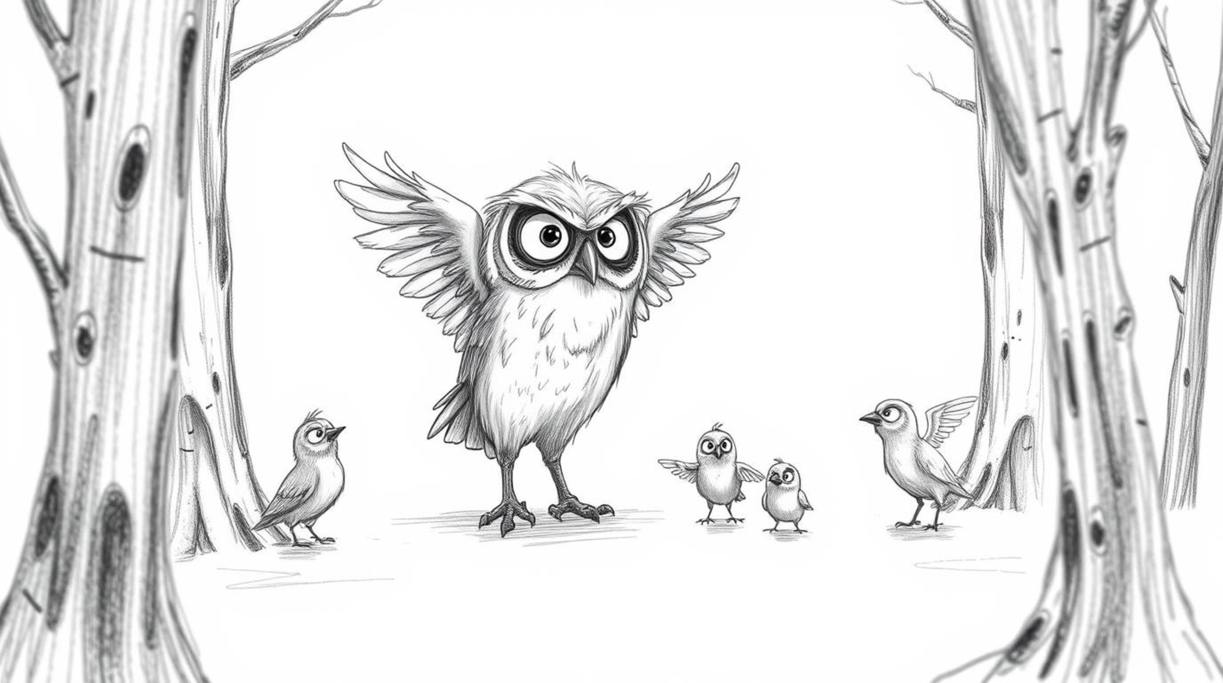 A heartwarming hand-drawn sketch depicts a wise, blind elderly owl patiently instructing a flock of small birds in the art of