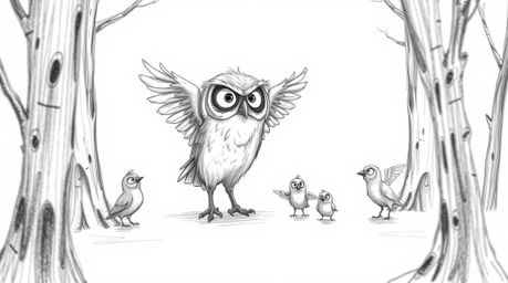A heartwarming hand-drawn sketch depicts a wise, blind elderly owl patiently instructing a flock of small birds in the art of