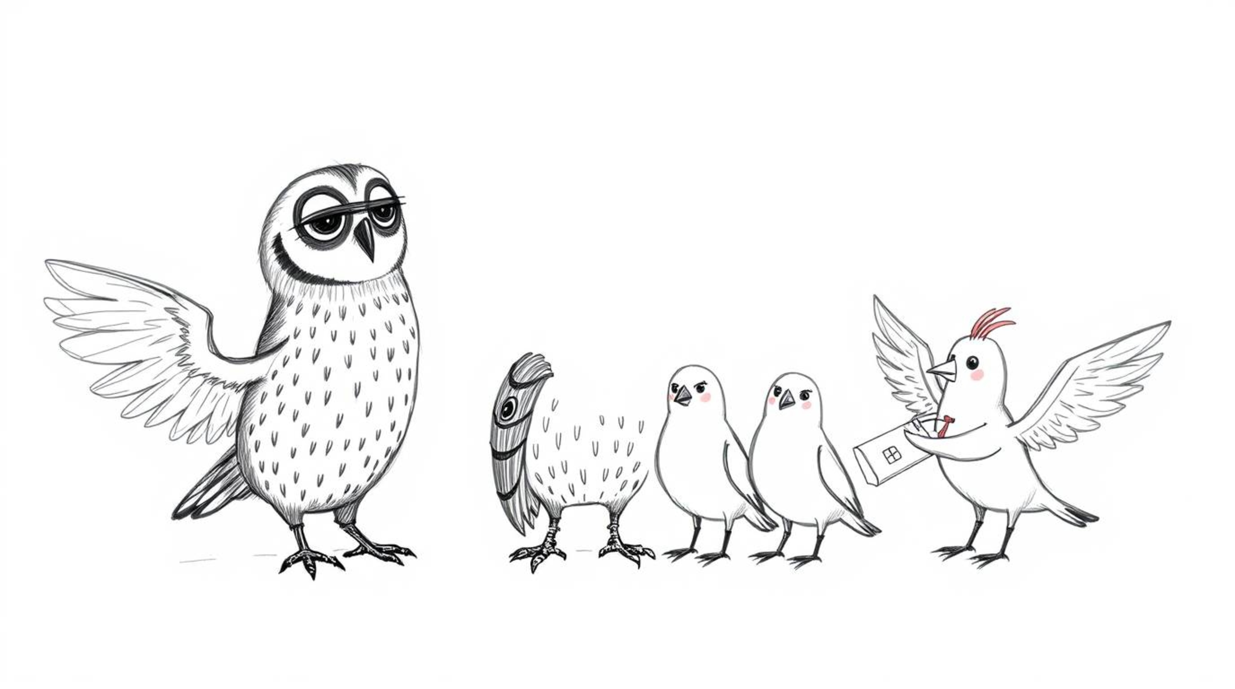 A whimsical, hand-drawn sketch in a textured, Pixar-inspired style depicts a kind, blind owl with rounded features guiding a 