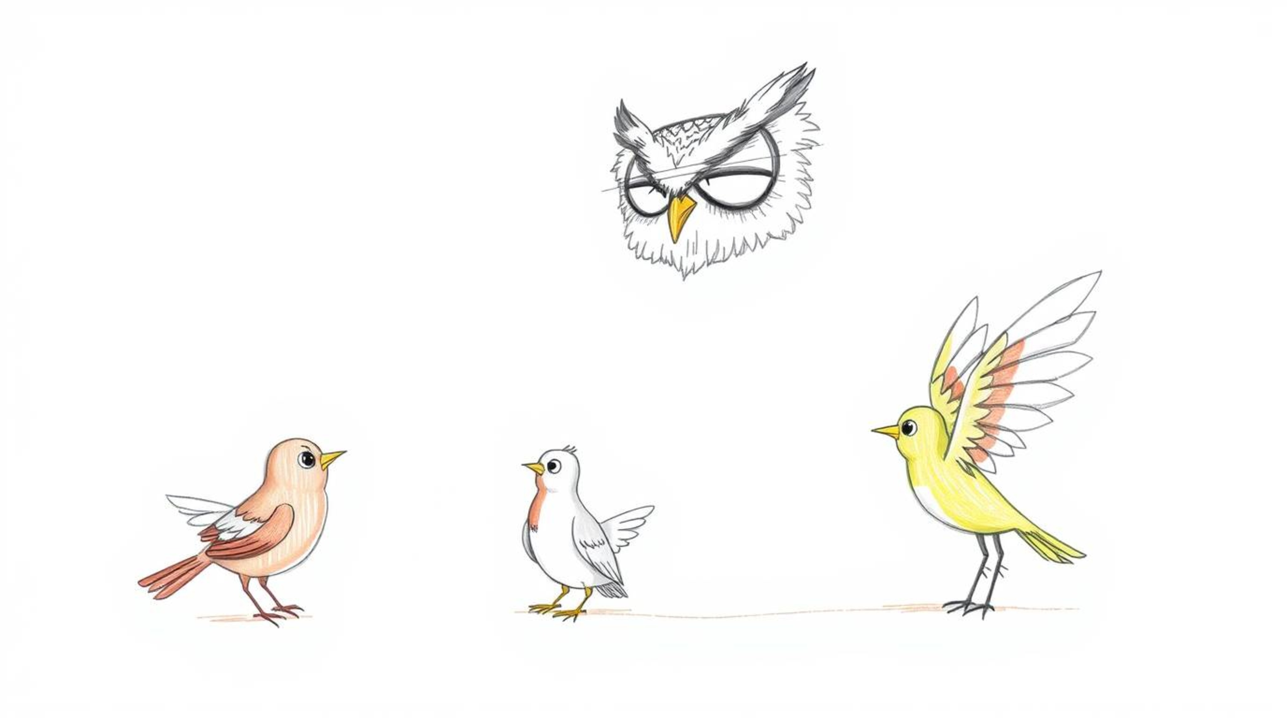 A heart-warming, Pixar-inspired hand-drawn sketch featuring a wise, blind owl guiding birds in learning to fly. The scene sho