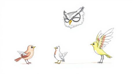 A heart-warming, Pixar-inspired hand-drawn sketch featuring a wise, blind owl guiding birds in learning to fly. The scene sho