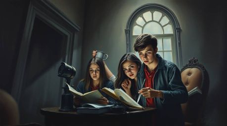 A moody oil painting capturing the essence of teenagers unraveling mysteries within a haunted mansion. The artwork features r