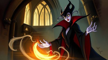 A classic Disney villain, with graceful and elegant features, is captured in a digital sketch with loose painterly strokes, c
