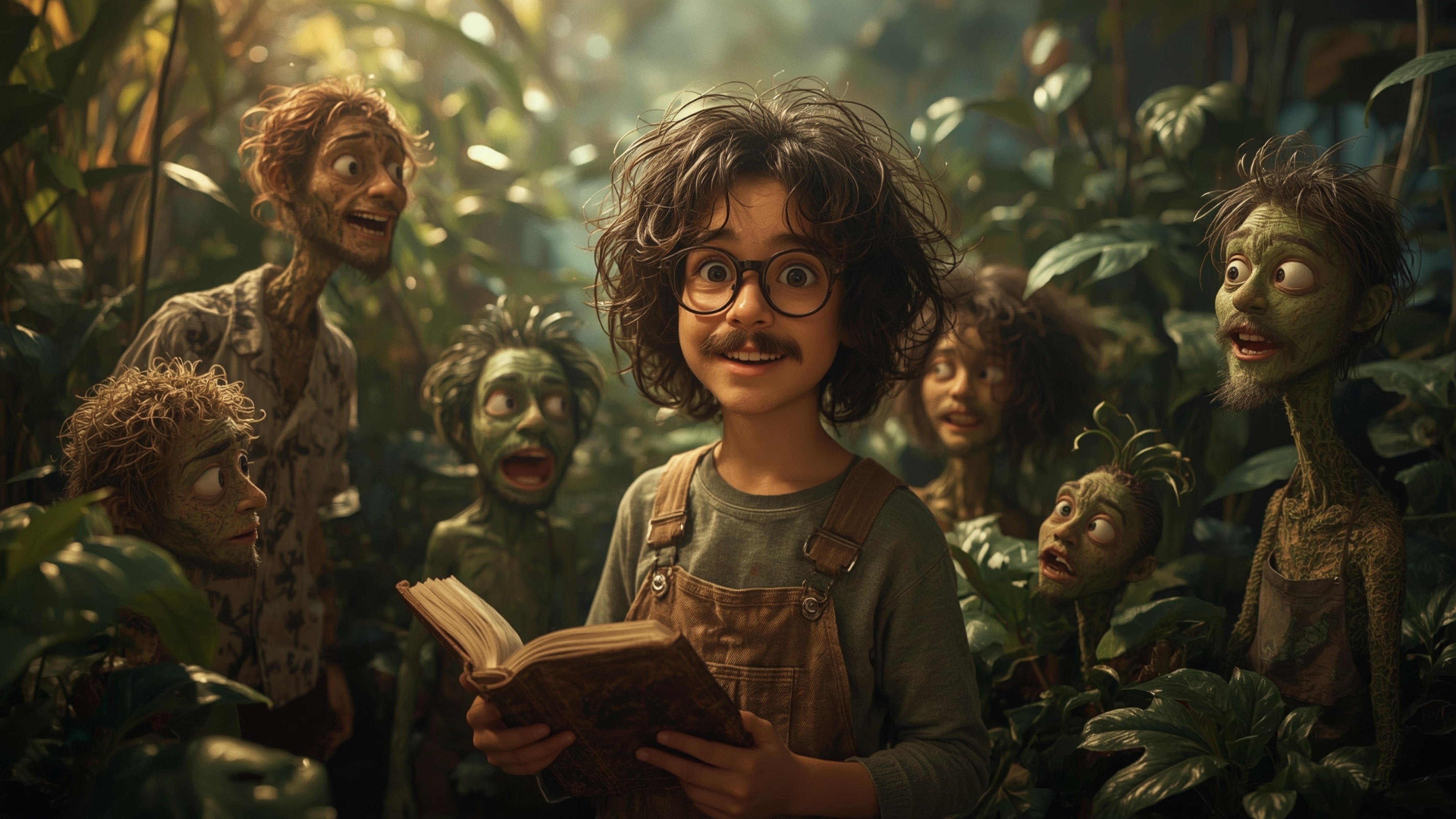 In a vibrant, cinematic photograph reminiscent of a Pixar animation, a bespectacled, curly-haired genius is surrounded by a l
