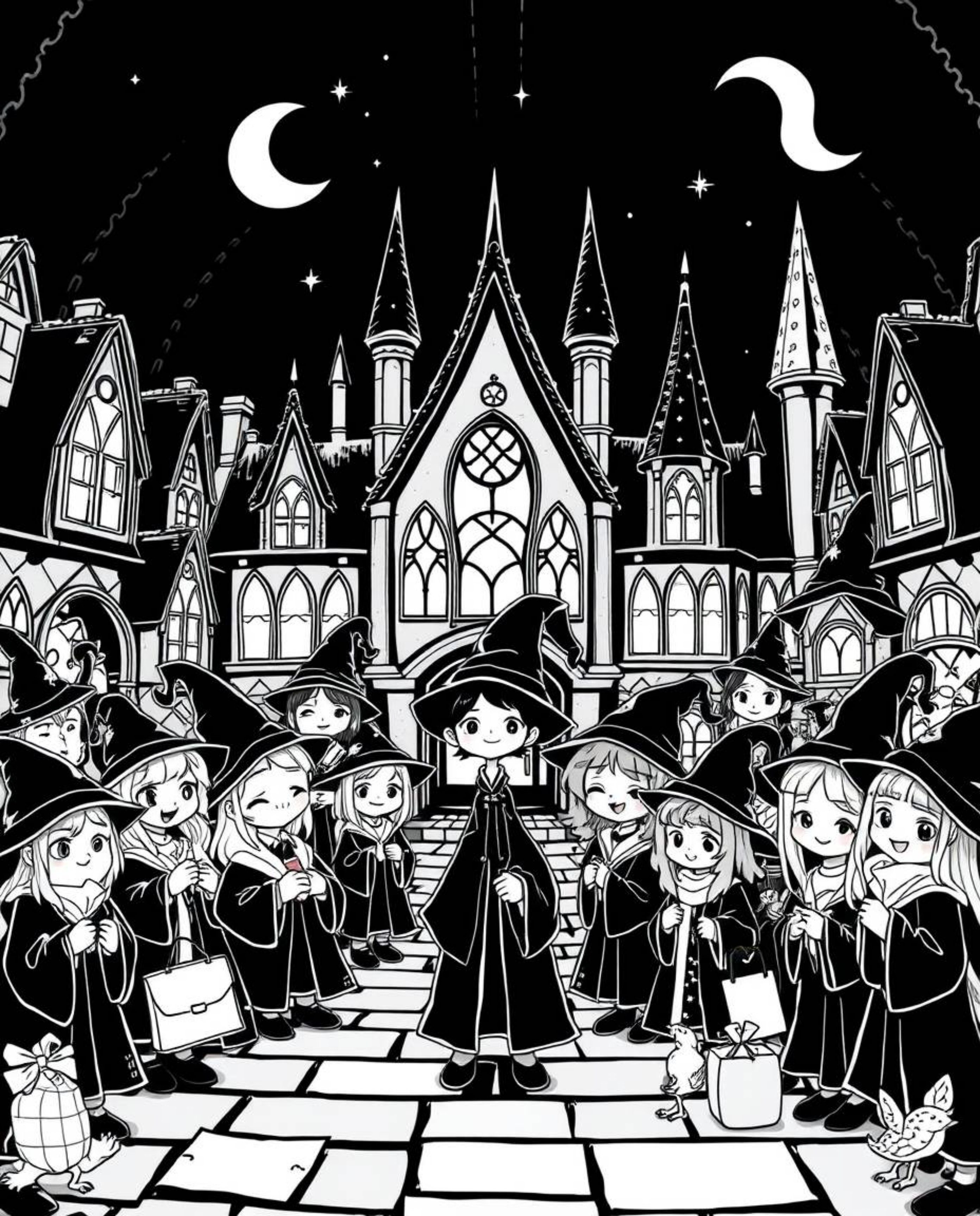 Explore an enchanting magical school brought to life in classic black and white, showcasing adorable young wizards and a time