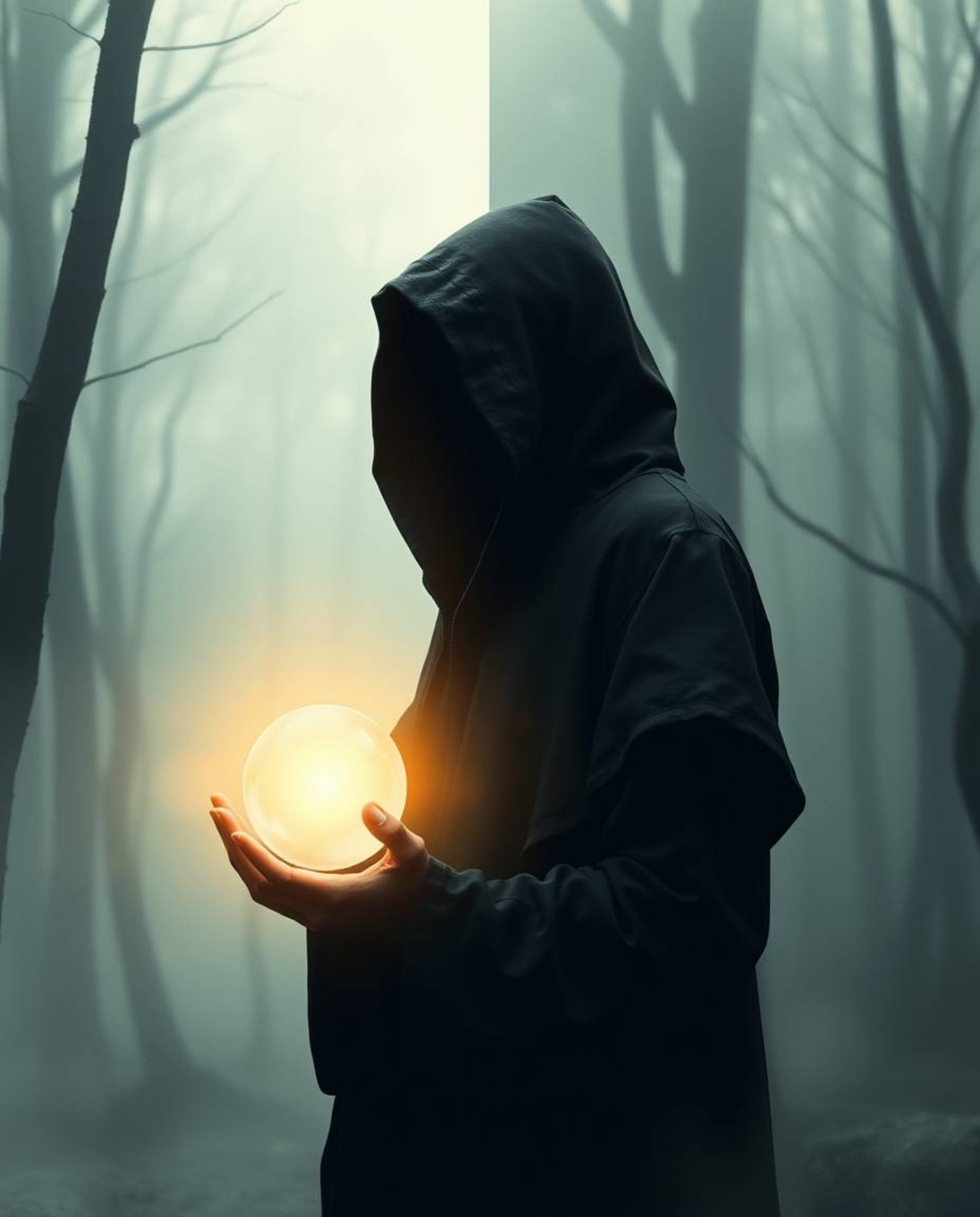 Explore a captivating digital art piece featuring a distinct split composition and a soft, dreamy atmosphere. A cloaked figur