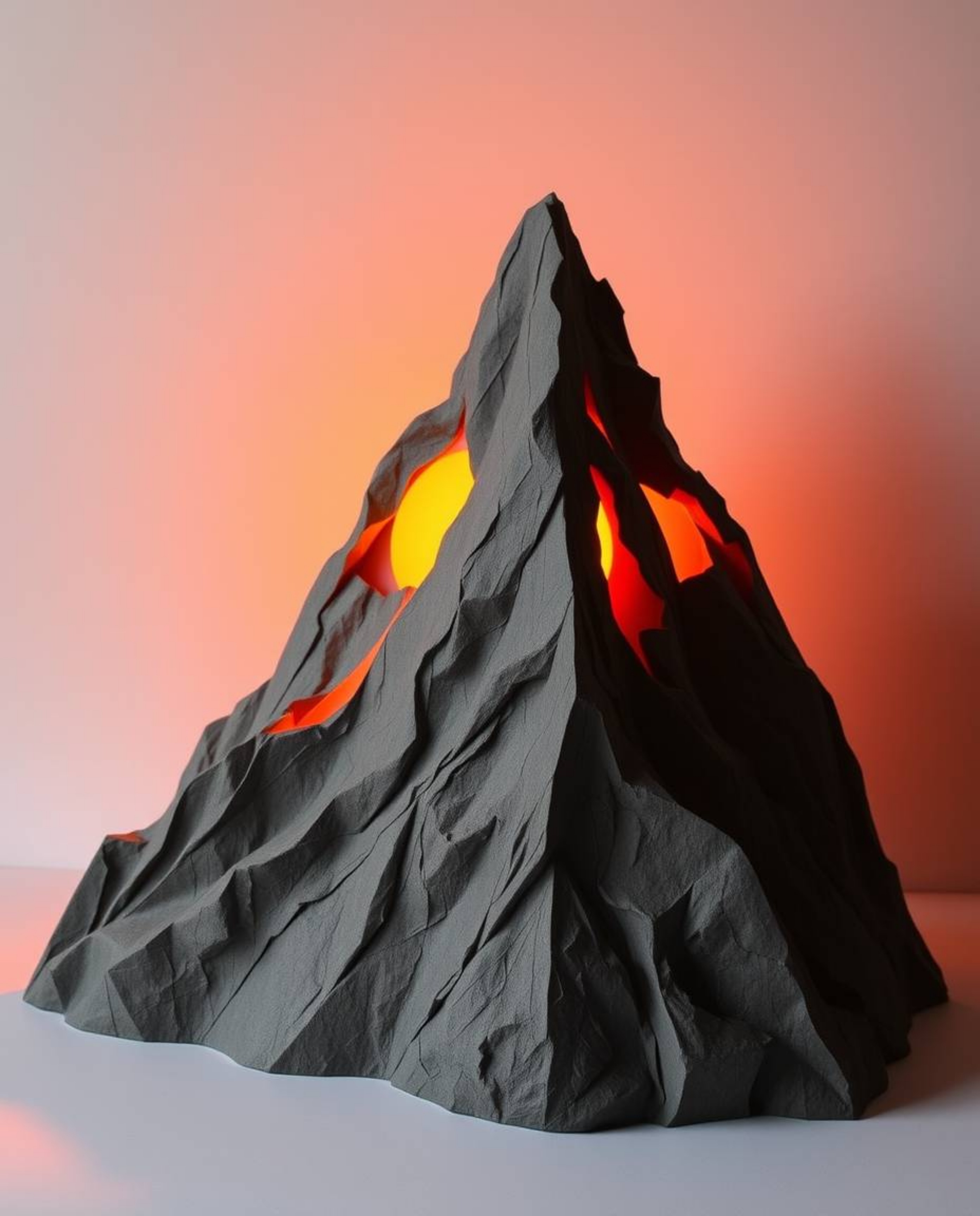This artwork features a striking high-alpine peak sunset silhouette, uniquely crafted from layered papier-mâché material. The