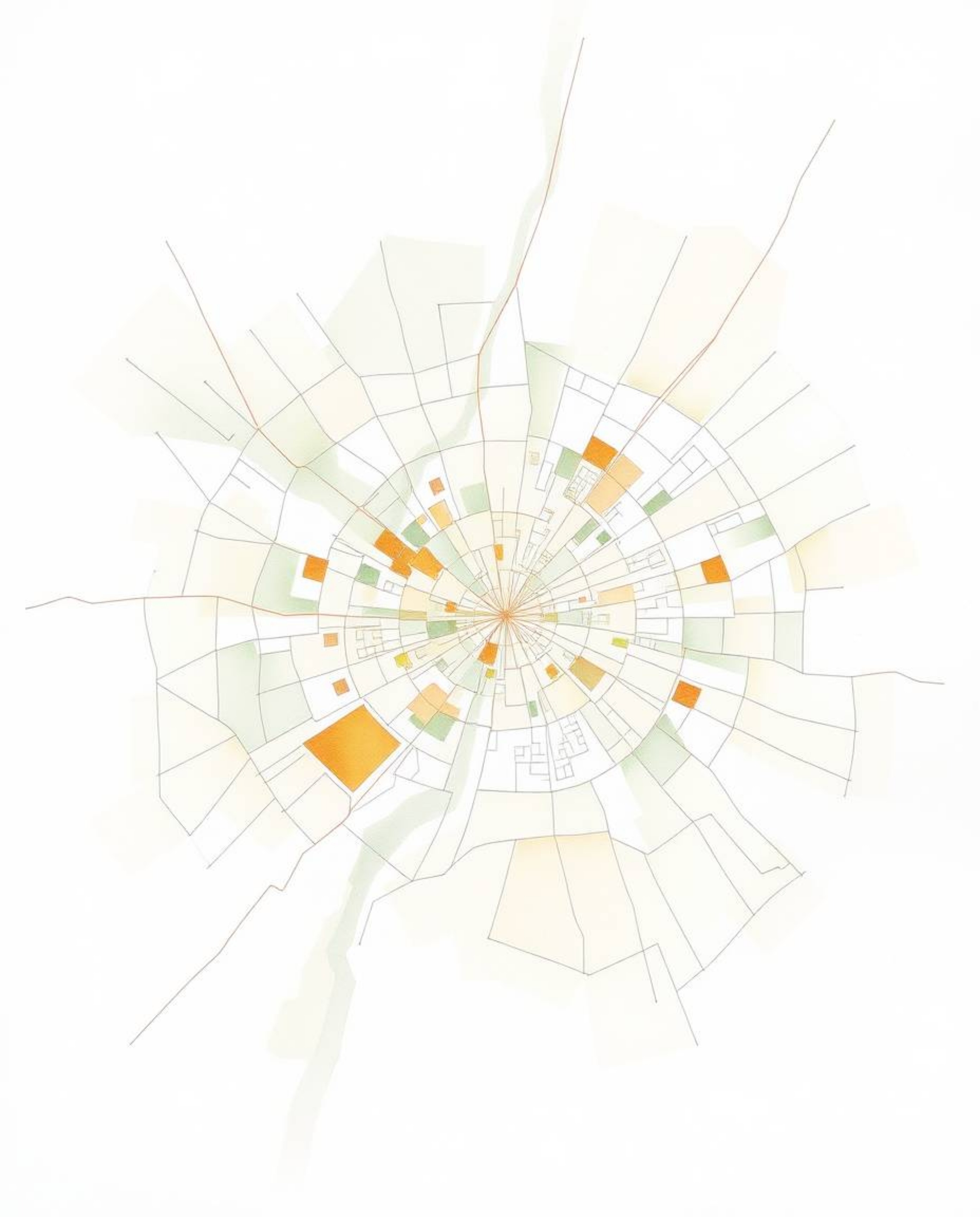 Discover a delicate watercolor painting of an abstract city map.  This unique artwork features geometric shapes rendered in t