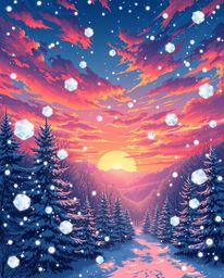 An enchanting Isekai anime style illustration captures the magic of snowflakes falling during a vibrant sunset. This piece is