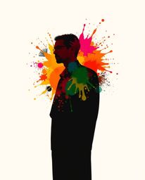 A captivating modern art piece featuring a human silhouette created from vibrant, colorful splashes.  The artwork boasts warm