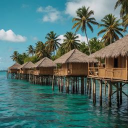 Escape to a tropical island city where bamboo huts dot the landscape, palm trees sway in the gentle breeze, and wooden piers