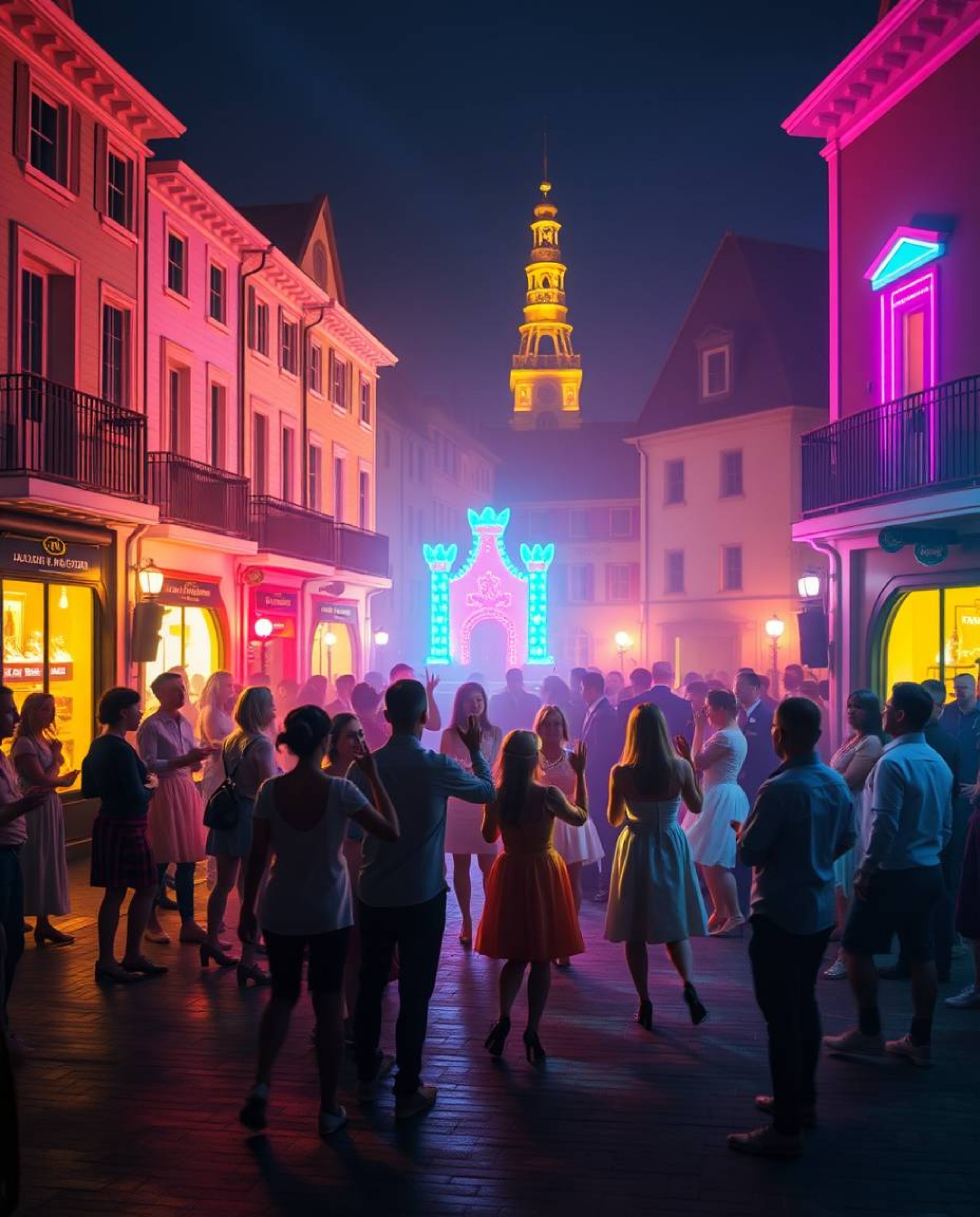 Experience a captivating musical performance set in a bright town square, brought to life with glowing bioluminescent colors 