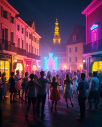 Experience a captivating musical performance set in a bright town square, brought to life with glowing bioluminescent colors 