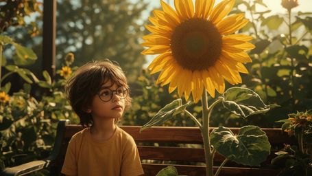 In a warmly lit, cinematic photograph, a bright-eyed young homeschooled genius sits on a wooden bench within a lush garden. A