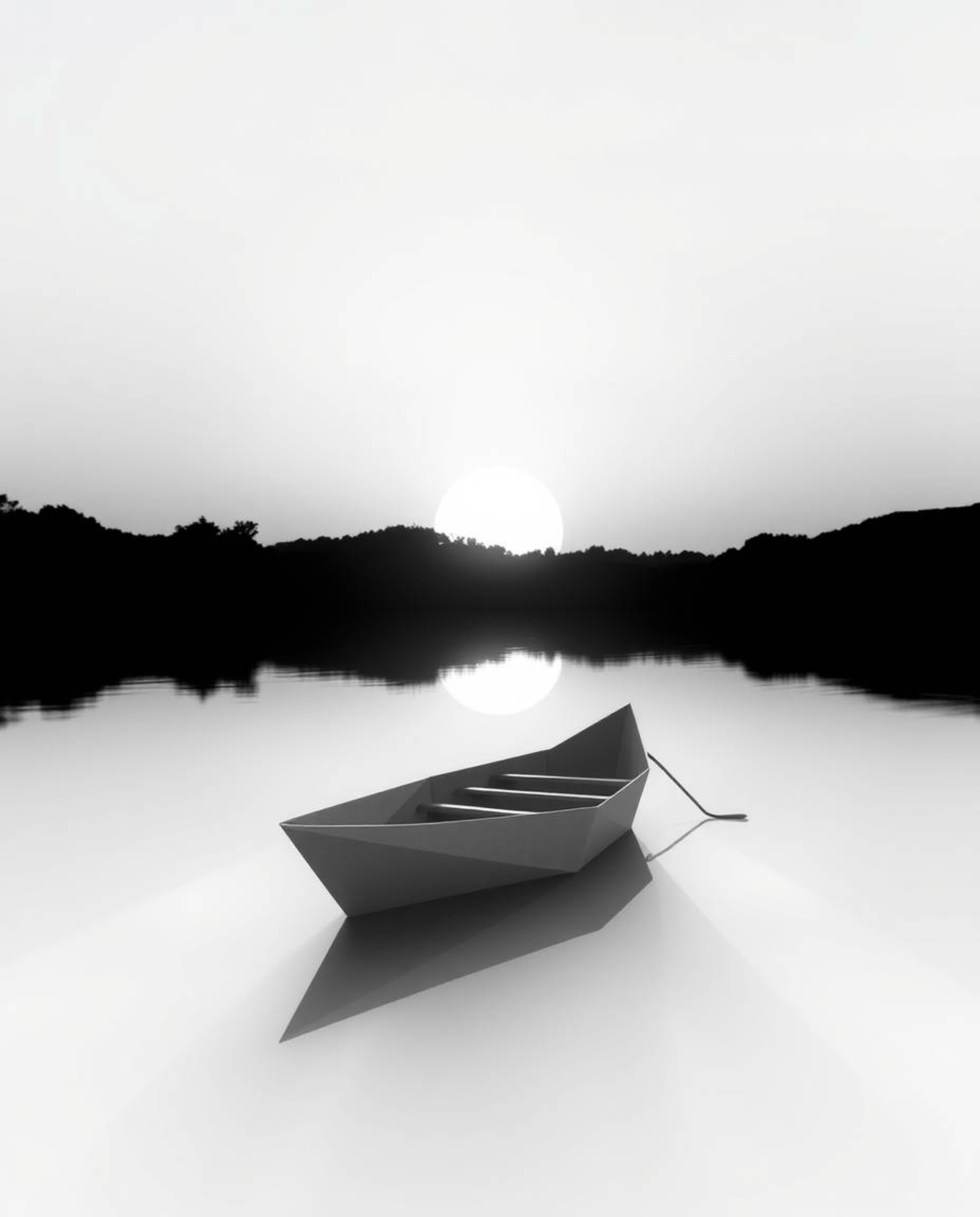 A classic black and white image portrays a boat drifting on a lake at sunset, uniquely rendered in an intricate origami style