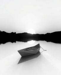 A classic black and white image portrays a boat drifting on a lake at sunset, uniquely rendered in an intricate origami style