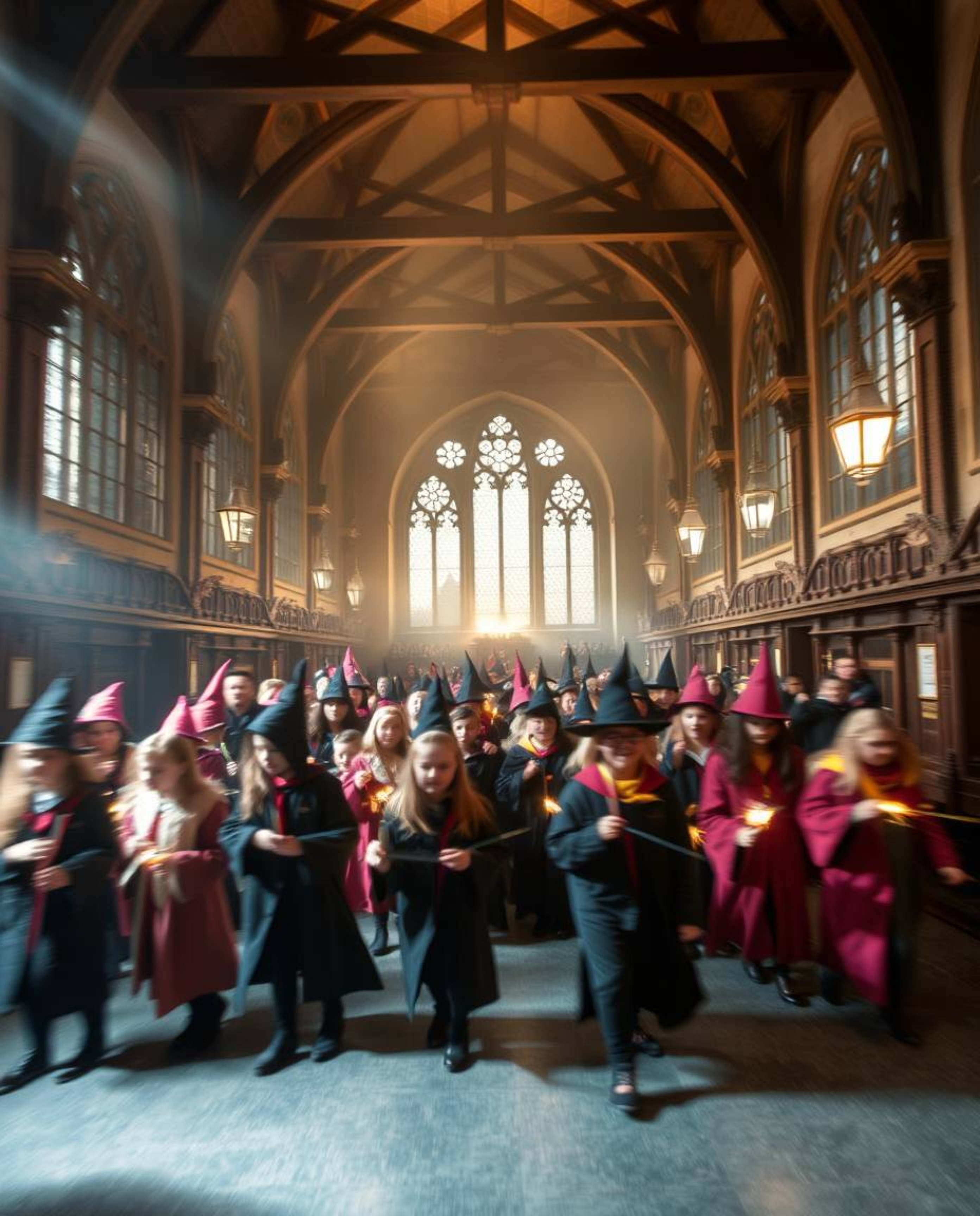 A captivating long-exposure photograph showcases a magical school brimming with young wizards. The image evokes a soft, dream