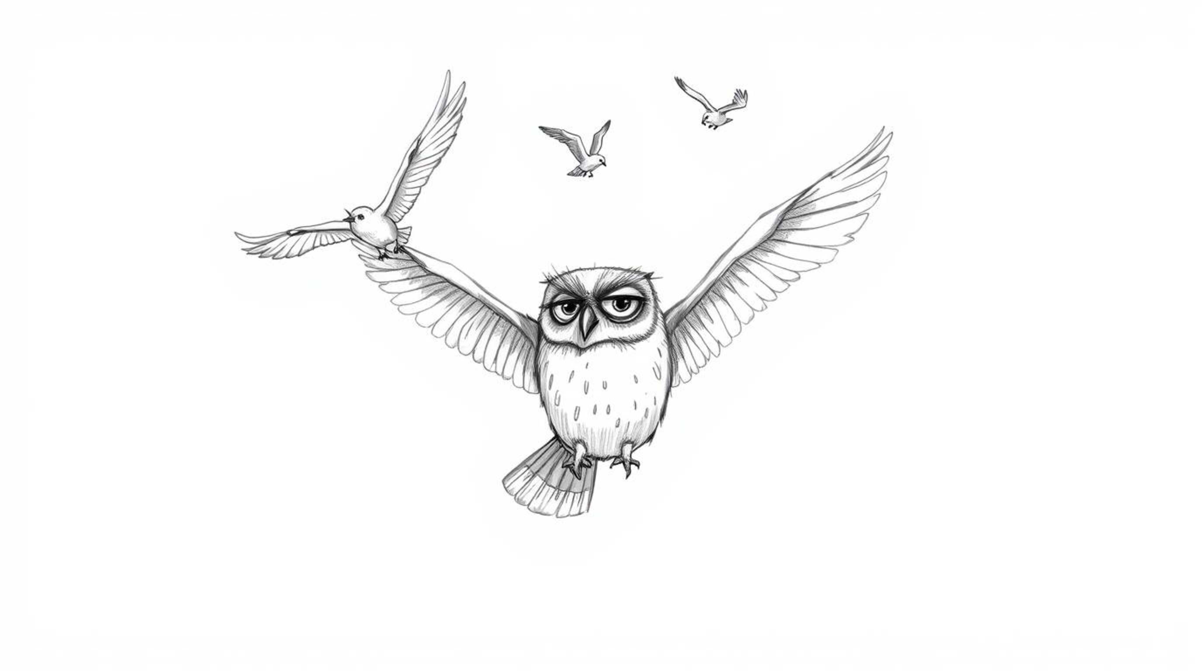 A charming hand-drawn sketch in the style of Pixar depicts a blind owl patiently teaching birds to fly.  The image features e