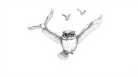 A charming hand-drawn sketch in the style of Pixar depicts a blind owl patiently teaching birds to fly.  The image features e