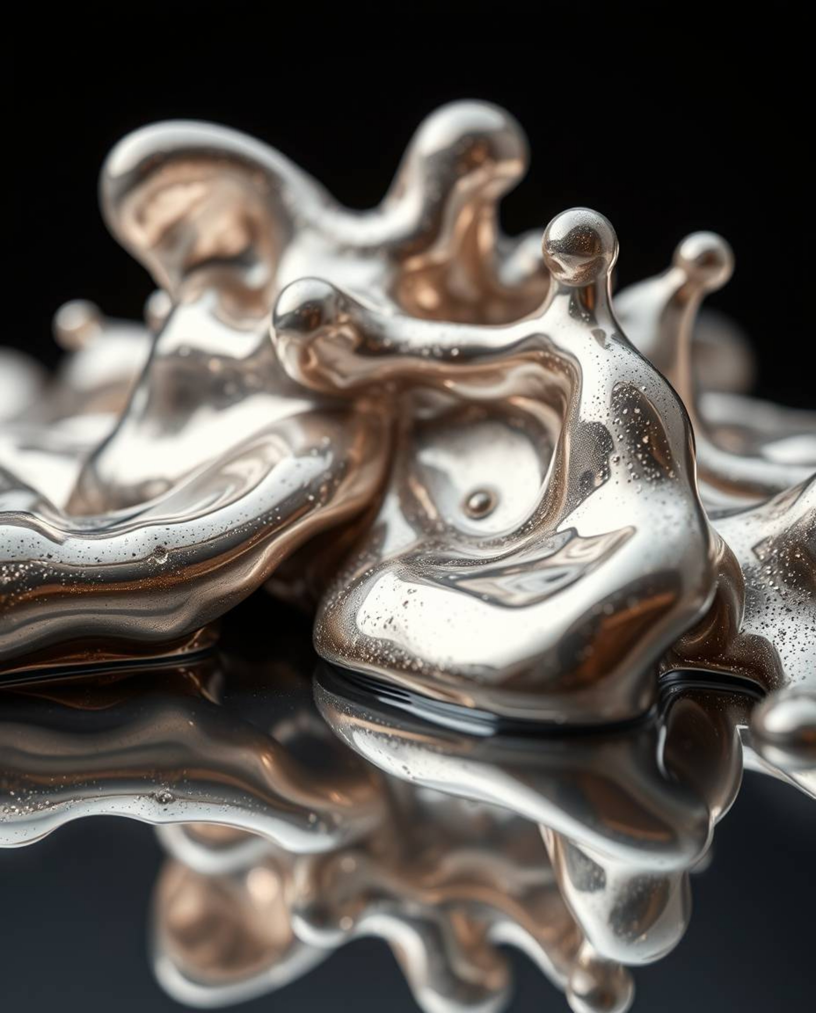 Explore captivating extreme macro close-ups showcasing sculptural 3D fluid mercury shapes. These reflective surfaces, illumin