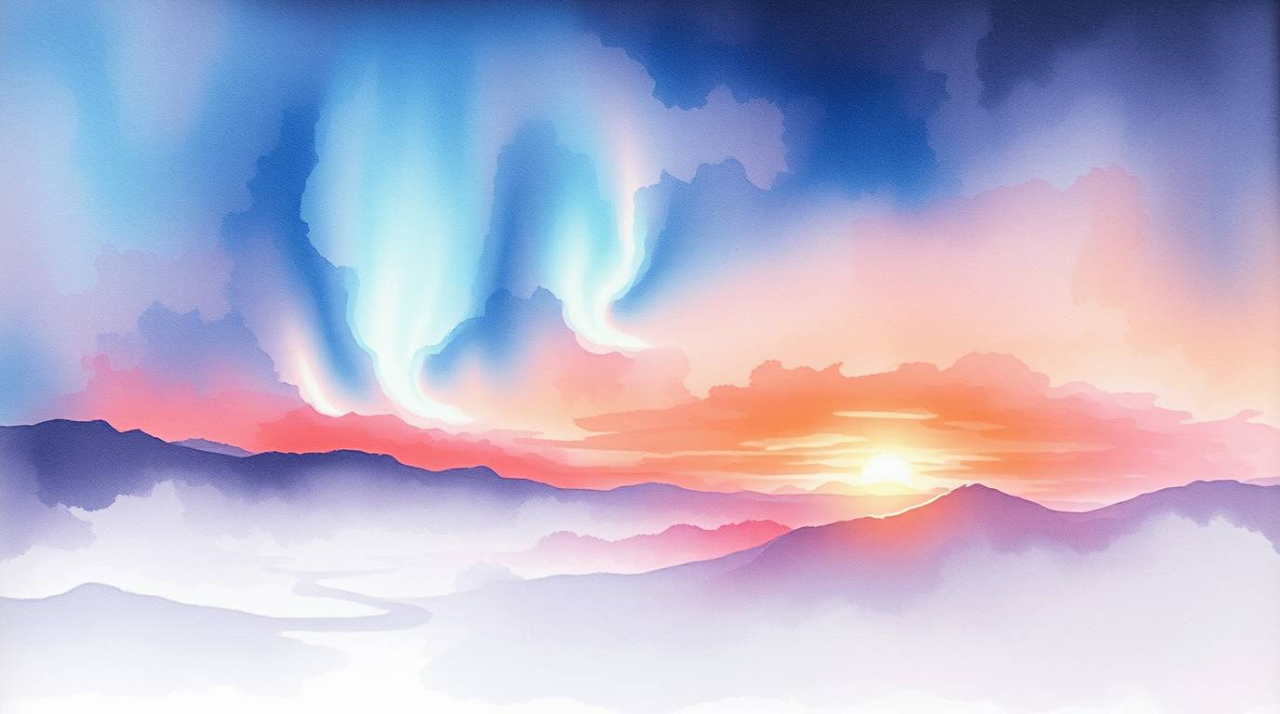 A captivating watercolor painting depicts the ethereal beauty of the Northern Lights emerging over a vibrant sunset sky.  Ren