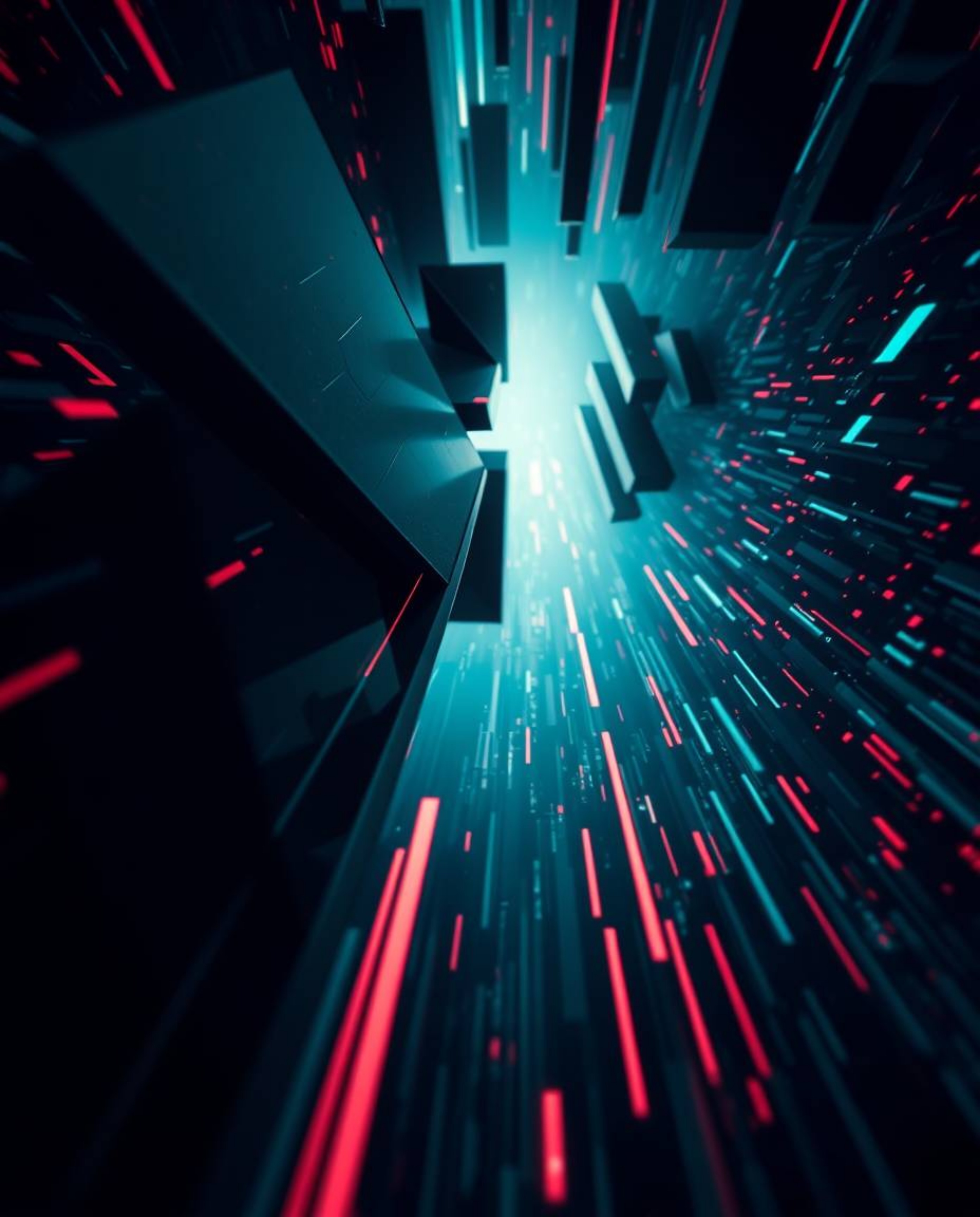 A captivating fine art photograph showcases glitched geometric shapes suspended in a dramatic, low-angle cyberspace matrix. T