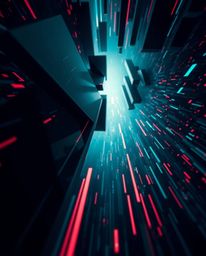 A captivating fine art photograph showcases glitched geometric shapes suspended in a dramatic, low-angle cyberspace matrix. T