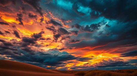 Experience the raw power and beauty of a dramatic desert sunset. Witness intense weather patterns painting the sky with iride