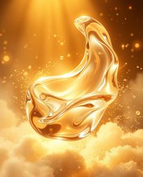 This digital rendering showcases glassy fluid 3D shapes in dynamic motion, enveloped by shimmering particles and bathed in a 