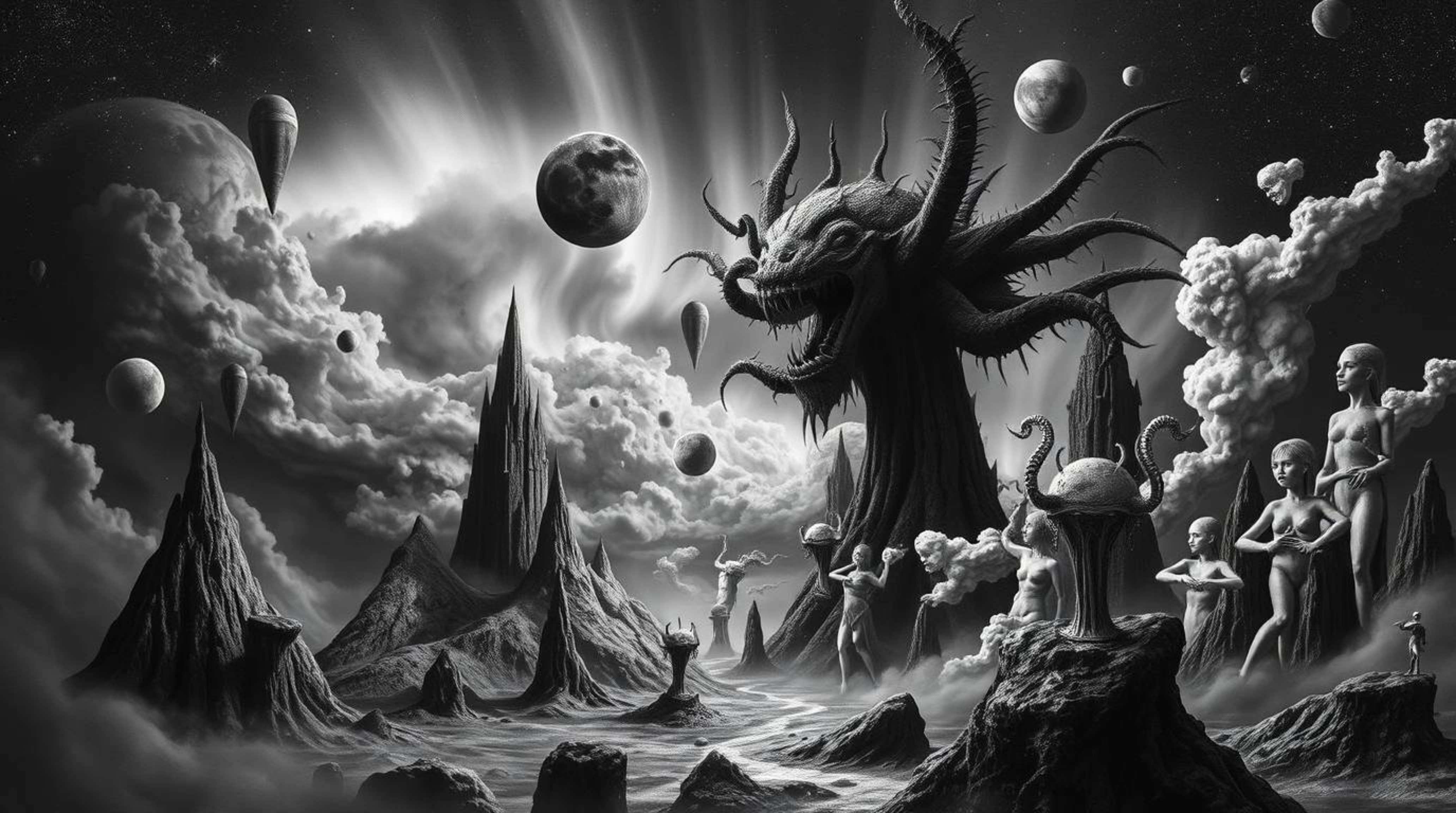 This striking black and white image evokes a dreamlike and surreal atmosphere, featuring fantastical and bizarre elements tha