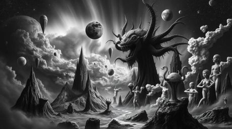 This striking black and white image evokes a dreamlike and surreal atmosphere, featuring fantastical and bizarre elements tha