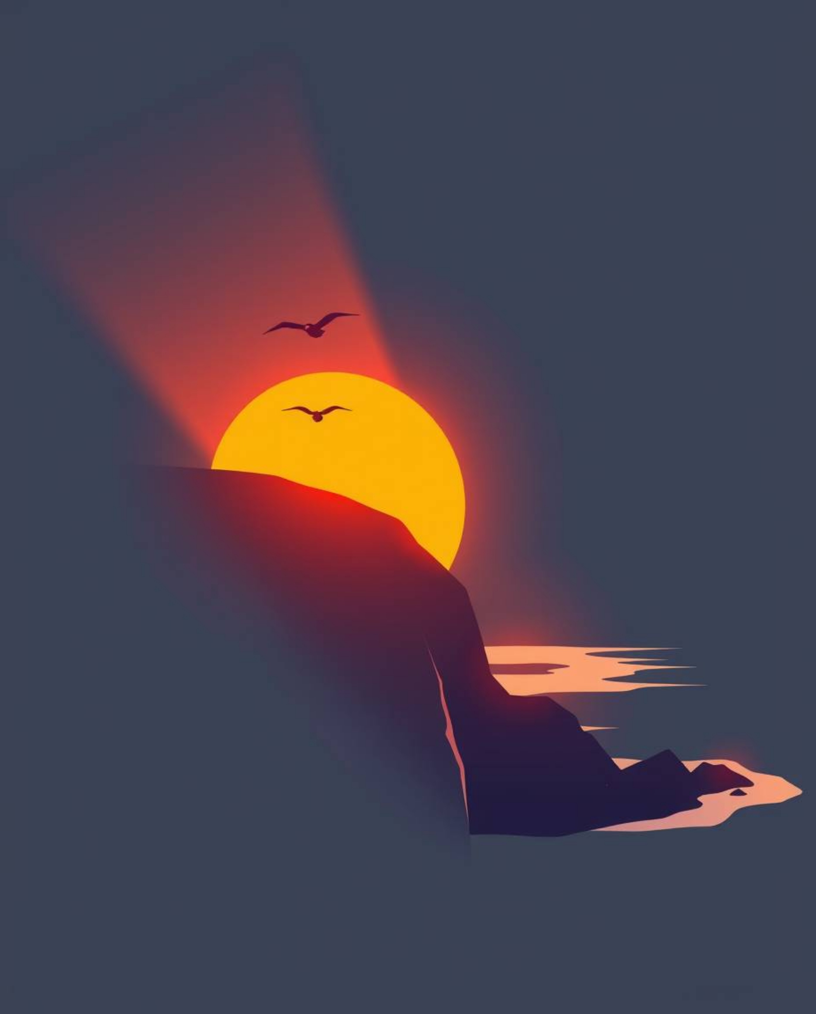A modern flat design light art piece depicts a sunset over a coastal cliff with soaring birds. The artwork is characterized b