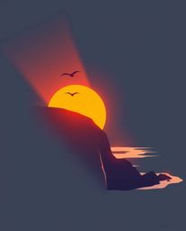 A modern flat design light art piece depicts a sunset over a coastal cliff with soaring birds. The artwork is characterized b
