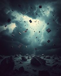 Experience a captivating and surreal storm where the laws of physics bend and objects take flight.  Rendered with striking ch