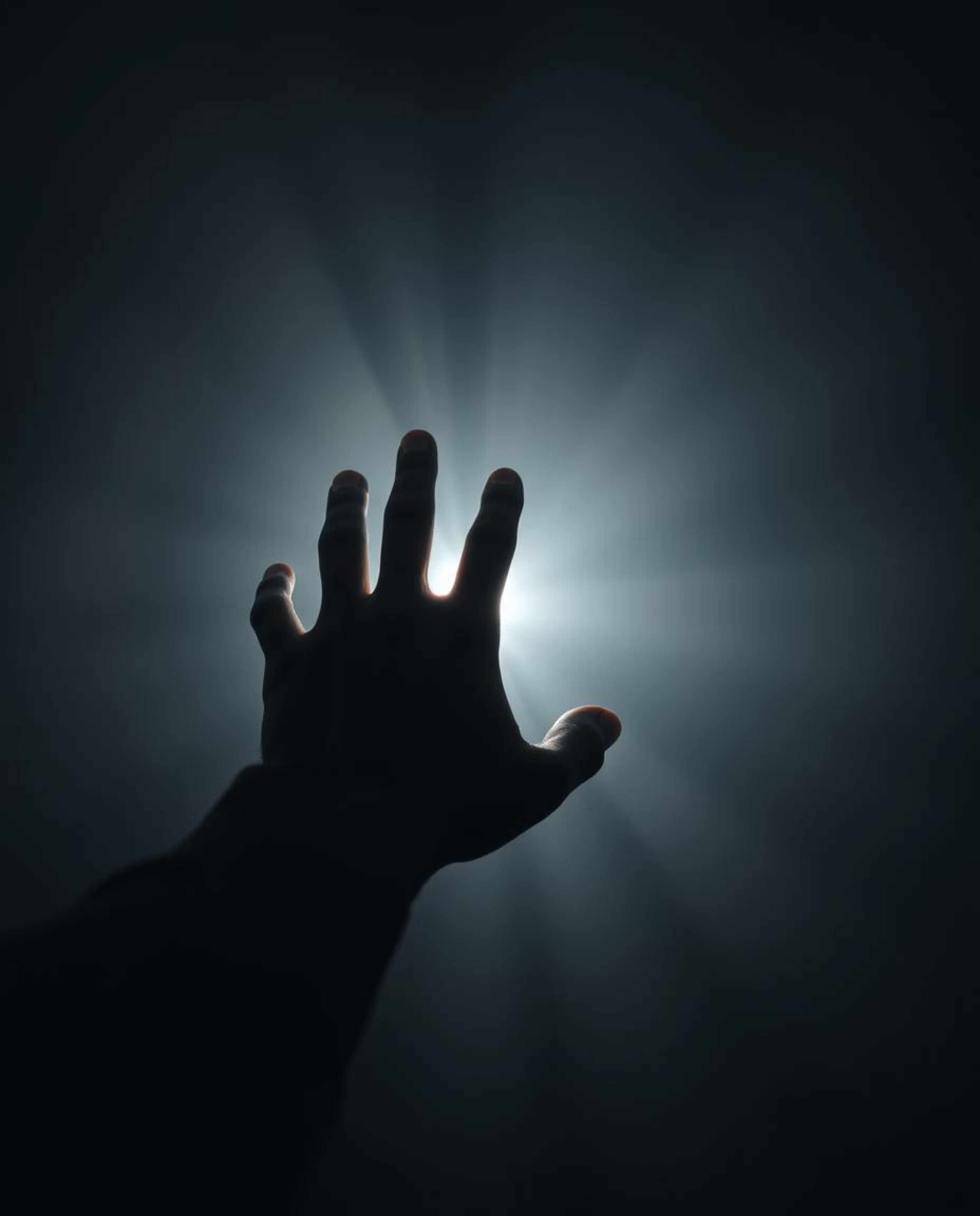 A captivating image showcases a hand extending towards a radiant light source emerging from an obscure, dark void.  Rendered 
