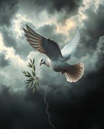 An artistic rendition of a dove carrying an olive branch amidst stormy skies, featuring abstract patterns, dynamic lighting, 