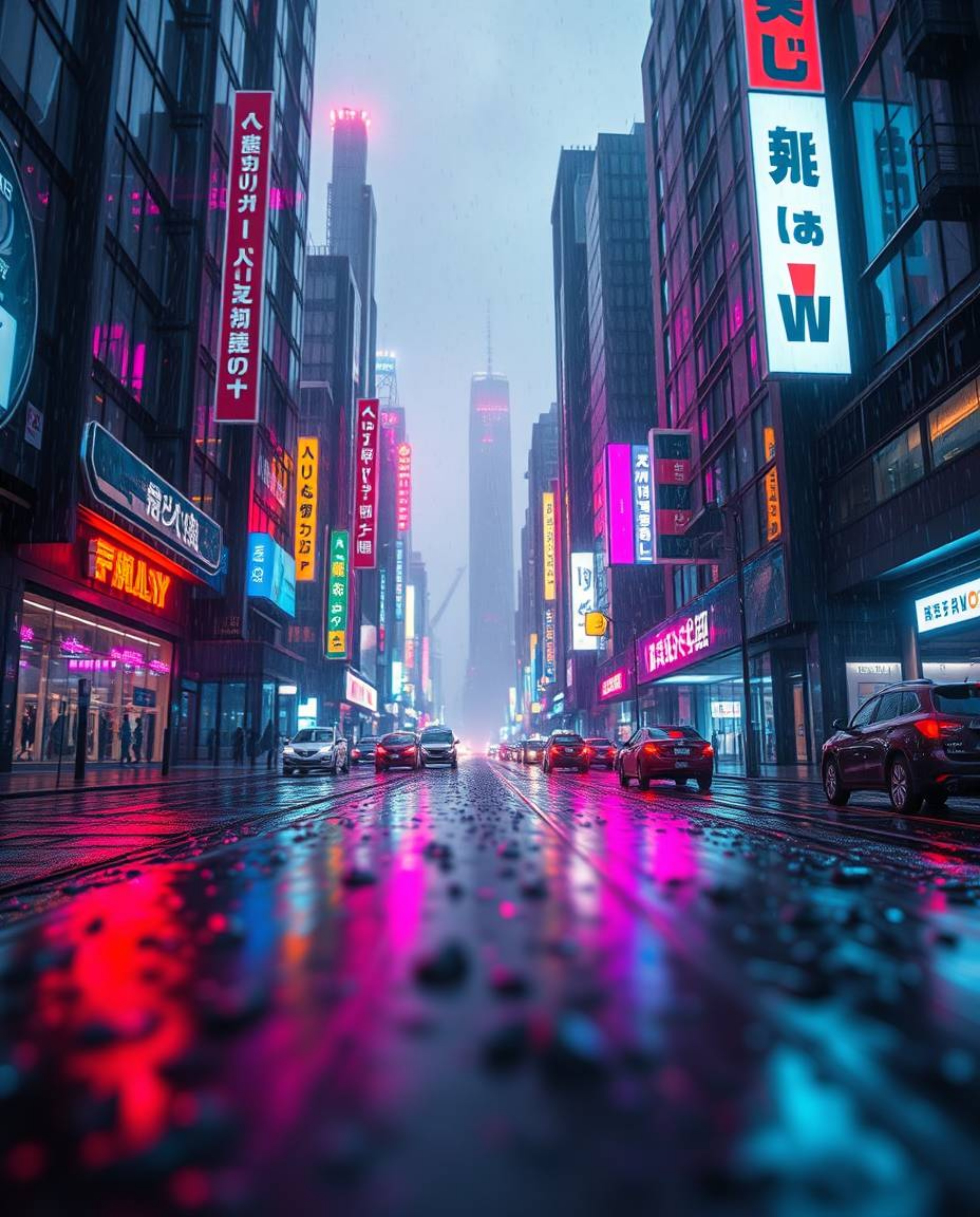 Immerse yourself in a high-angle perspective of a futuristic cyberpunk cityscape drenched in a vibrant, rainy scene.  Colorfu