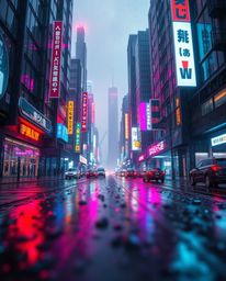 Immerse yourself in a high-angle perspective of a futuristic cyberpunk cityscape drenched in a vibrant, rainy scene.  Colorfu