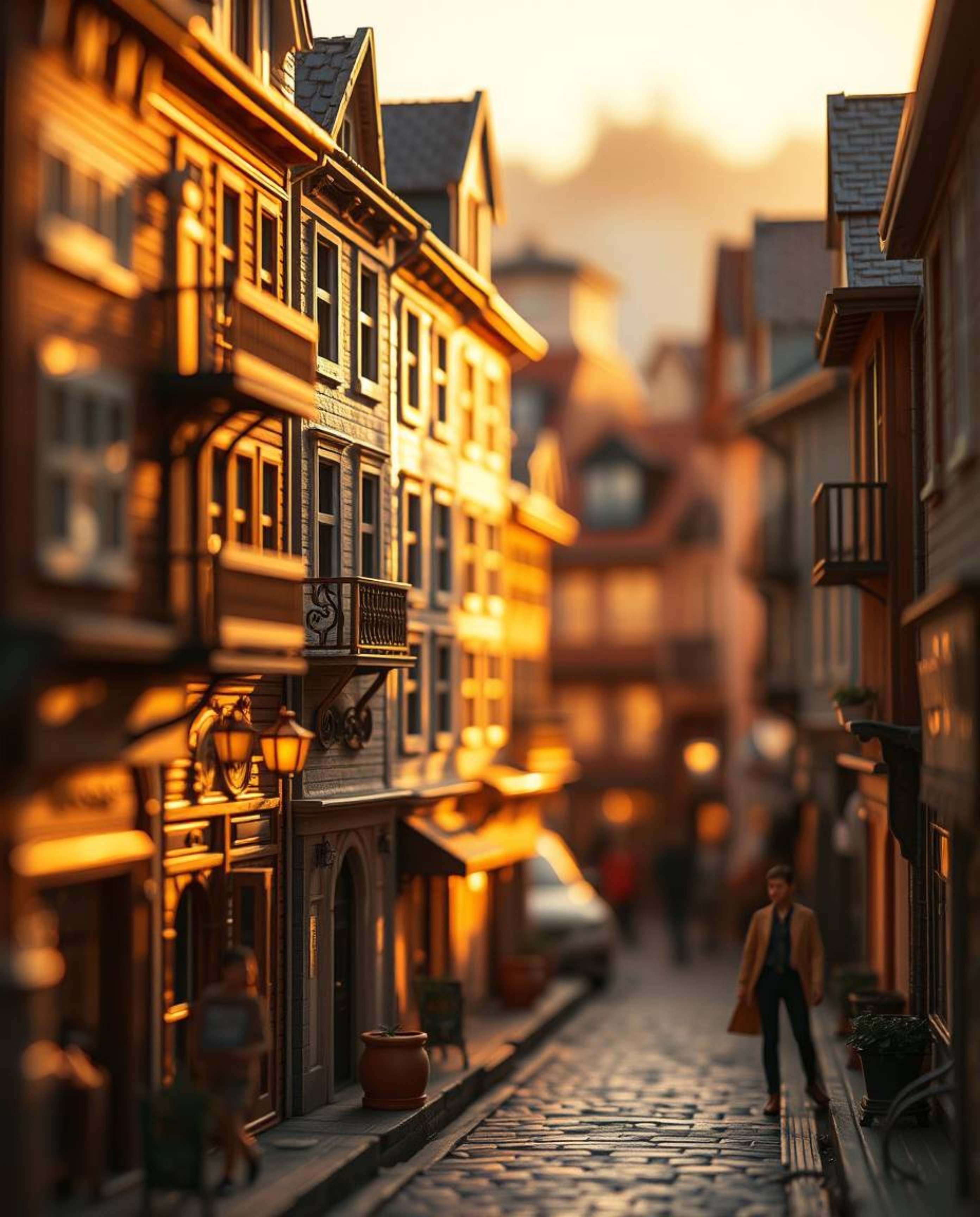 Explore a surreal street scene bathed in a warm golden glow and captured in extreme macro detail. Buildings fold and twist in