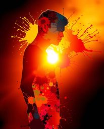 A captivating image featuring a human silhouette artistically rendered with vibrant splash patterns, bathed in the warm glow 
